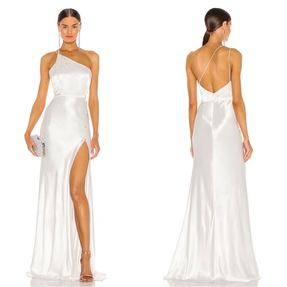 SAU LEE Hailey One Shoulder Crystal Button Detail Ivory White Maxi Gown Size 6